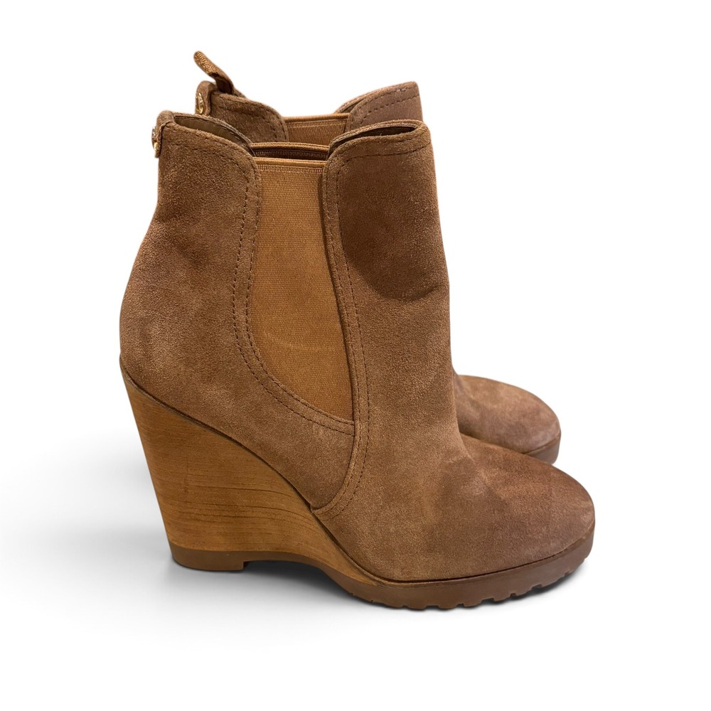 Michael Kors Women's 7 Tan Suede Wedge Ankle Boots Chelsea Booties Lug Sole